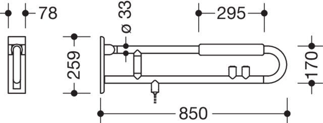 HEWI Stützklappgriff Serie 801 mit E-Spülauslösung und Armpolster, 850 mm, Senfgelb