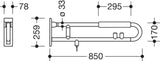 HEWI Stützklappgriff Serie 801 mit E-Spülauslösung und Armpolster, 850 mm, Senfgelb