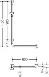HEWI Winkelgriff Serie 801 mit Brausehalter, Handbrause und Schlauch, 1100 x 600 mm, Reinweiß