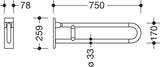 HEWI Stützklappgriff Serie 801 drehbar 750 mm senfgelb – Wandmontage, 150 kg belastbar
