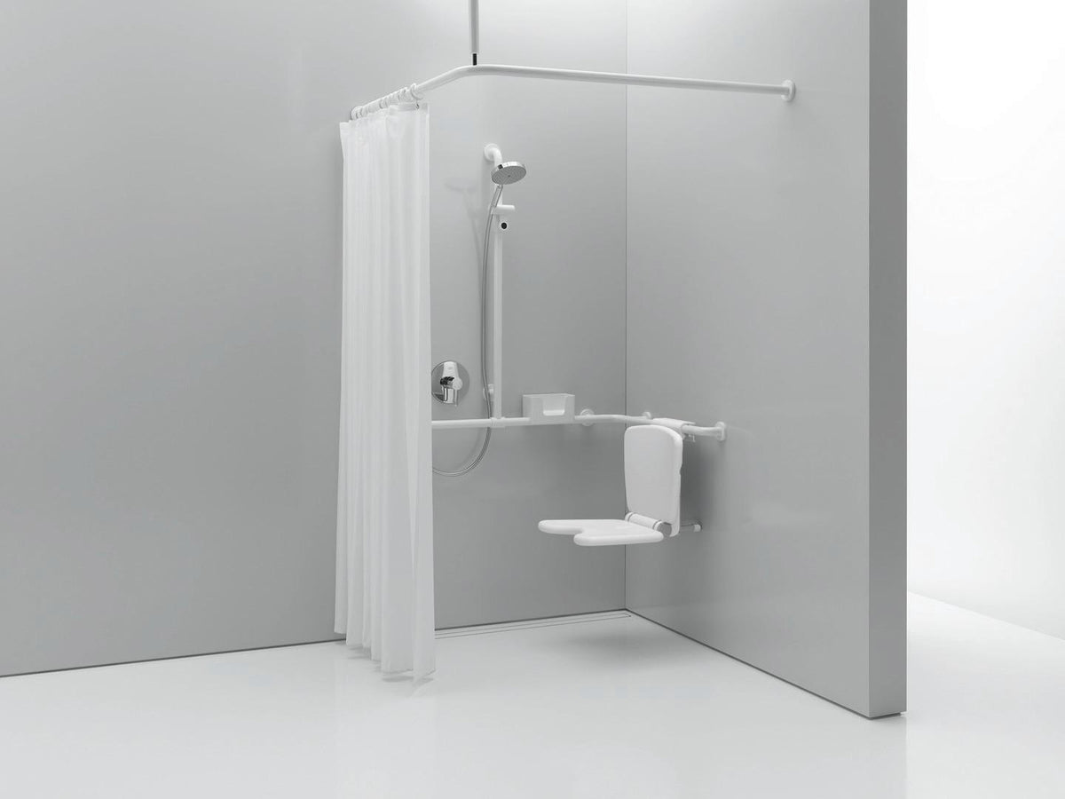 HEWI Vorhangstange Serie 801 mit Duschvorhang 900 x 900 mm, senfgelb, kürzbar