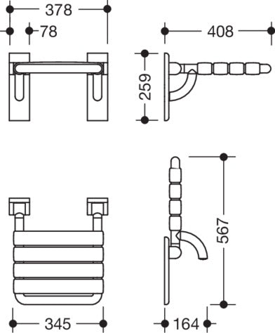 HEWI Klappsitz Serie 801 mit Gabelgelenk – Wandmontage, koralle, 150 kg belastbar