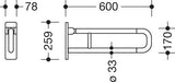 HEWI Stützklappgriff Serie 801, drehbar, 600 mm, senfgelb – Belastbar bis 100 kg
