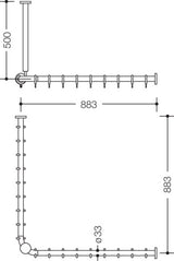 HEWI Vorhangstange Serie 801, 90° Ecke, 20 Ringe, Deckenabhängung, koralle, kürzbar