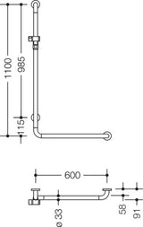 HEWI Winkelgriff Serie 801 mit Brausehalter, 1100 x 600 mm, senfgelb – Stahlkern, verdeckte Wandmontage
