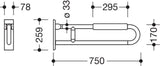 HEWI Stützklappgriff Serie 801, 750 mm, mit Armpolster senfgelb – Wandmontage, klappbar, 150 kg
