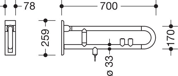 HEWI Stützklappgriff Serie 801 drehbar mit WC-Spül- und Funktionstaste, 700 mm, Senfgelb