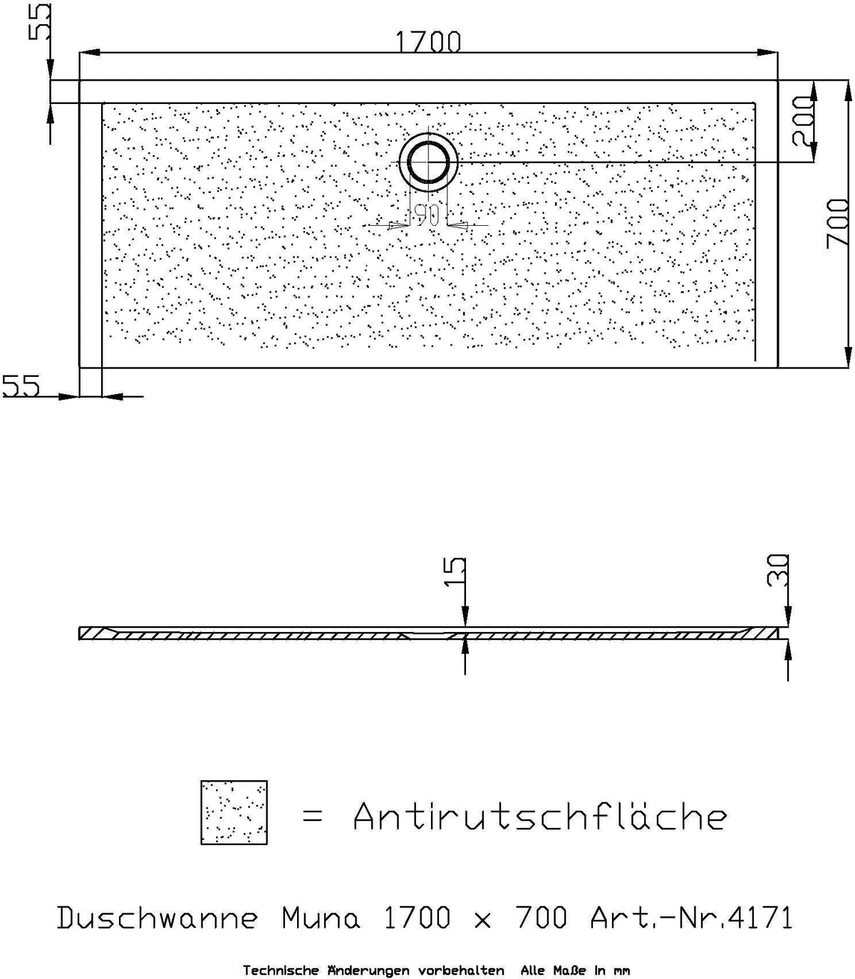 HOESCH Muna Duschwanne 900x700x30 Solique Weiß mit Antirutsch