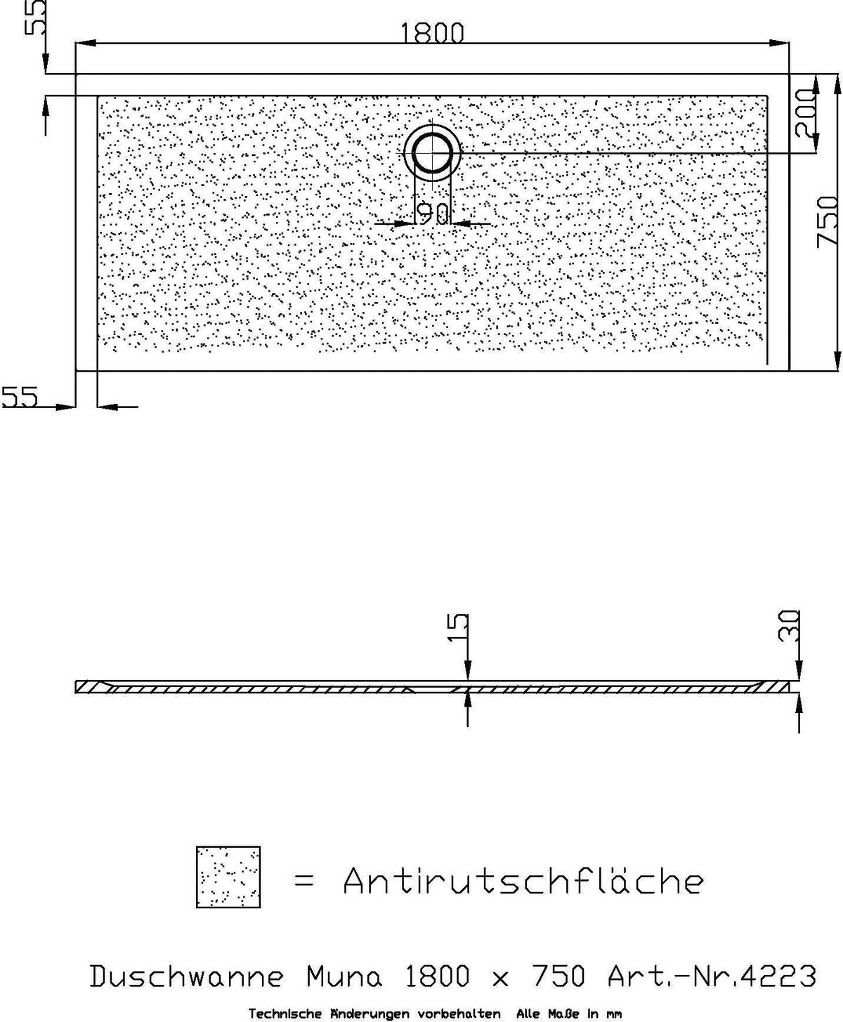 HOESCH Muna Duschwanne 900x700x30 Solique Weiß mit Antirutsch