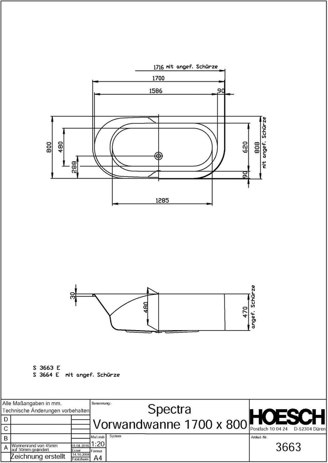 HOESCH SPECTRA Vorwand-Badewanne 1700x800 mm Weiß – Acryl, antibakteriell, ohne Schürze