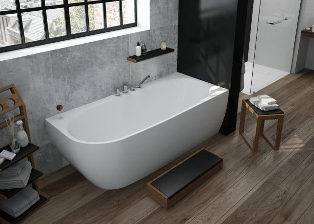HOESCH iSensi Eckbadewanne 1600x750 Monolith rechts mit Überlaufbefüllung Chrom – Acryl, weiß, freistehend