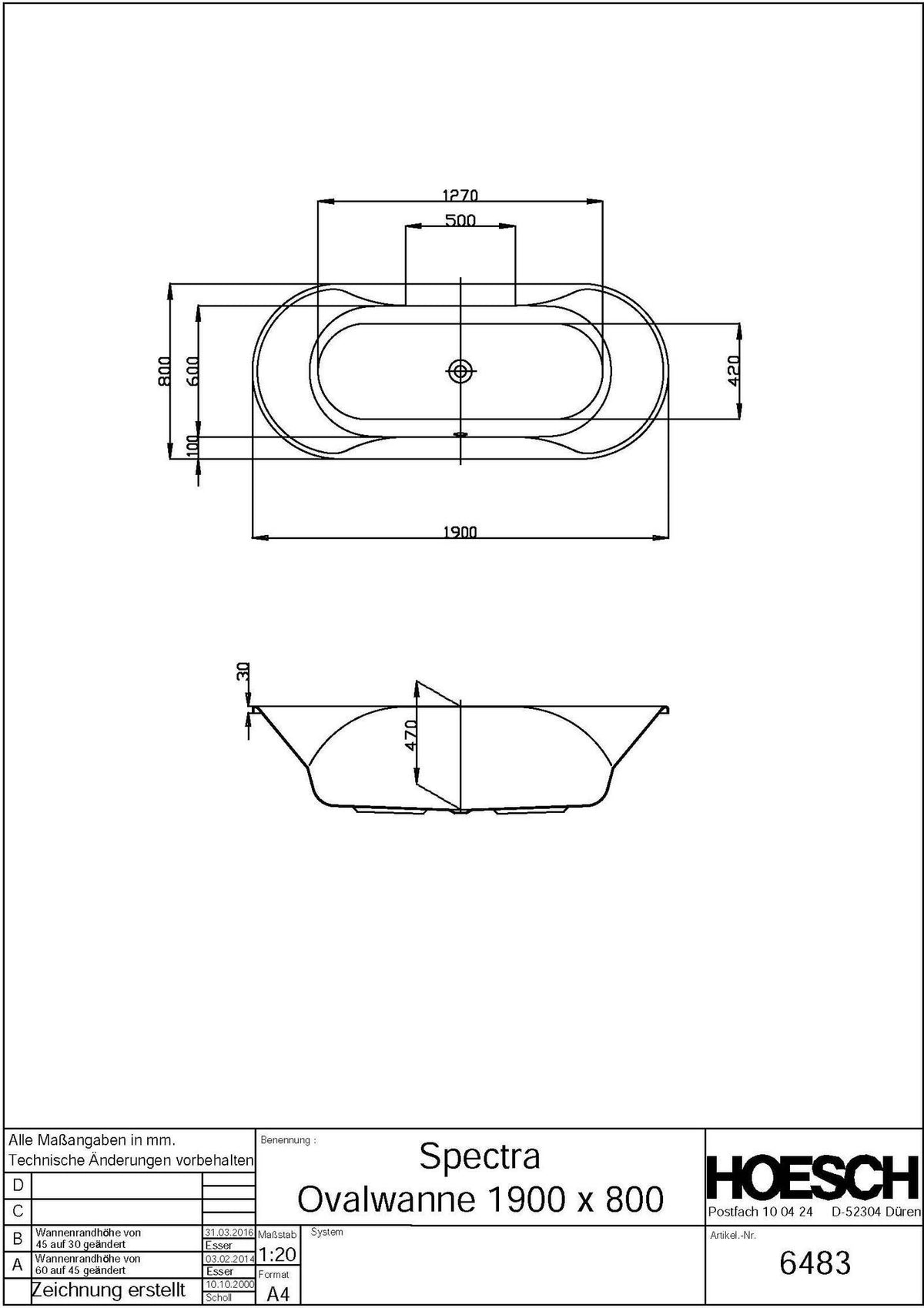 HOESCH Spectra Oval Badewanne 1700x800 mm weiß – Acryl Einbauwanne mit 2 Rückenschrägen