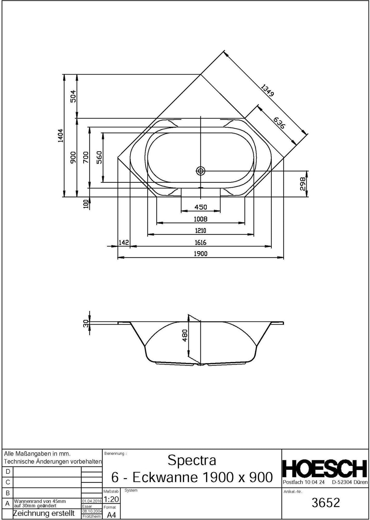 HOESCH Spectra 6-Eck-Badewanne 1900x900 mm Weiß – Acryl mit antibakterieller Oberfläche