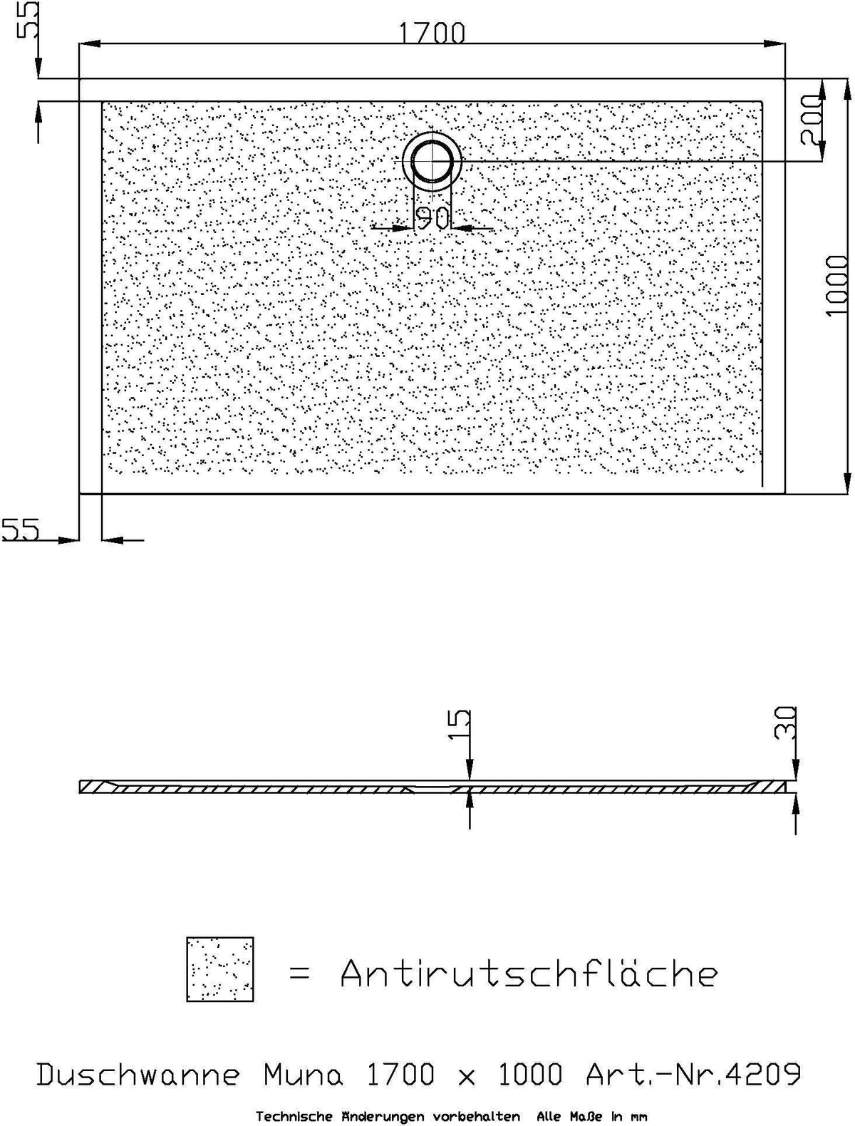 HOESCH Muna Duschwanne 900x700x30 Solique Weiß mit Antirutsch