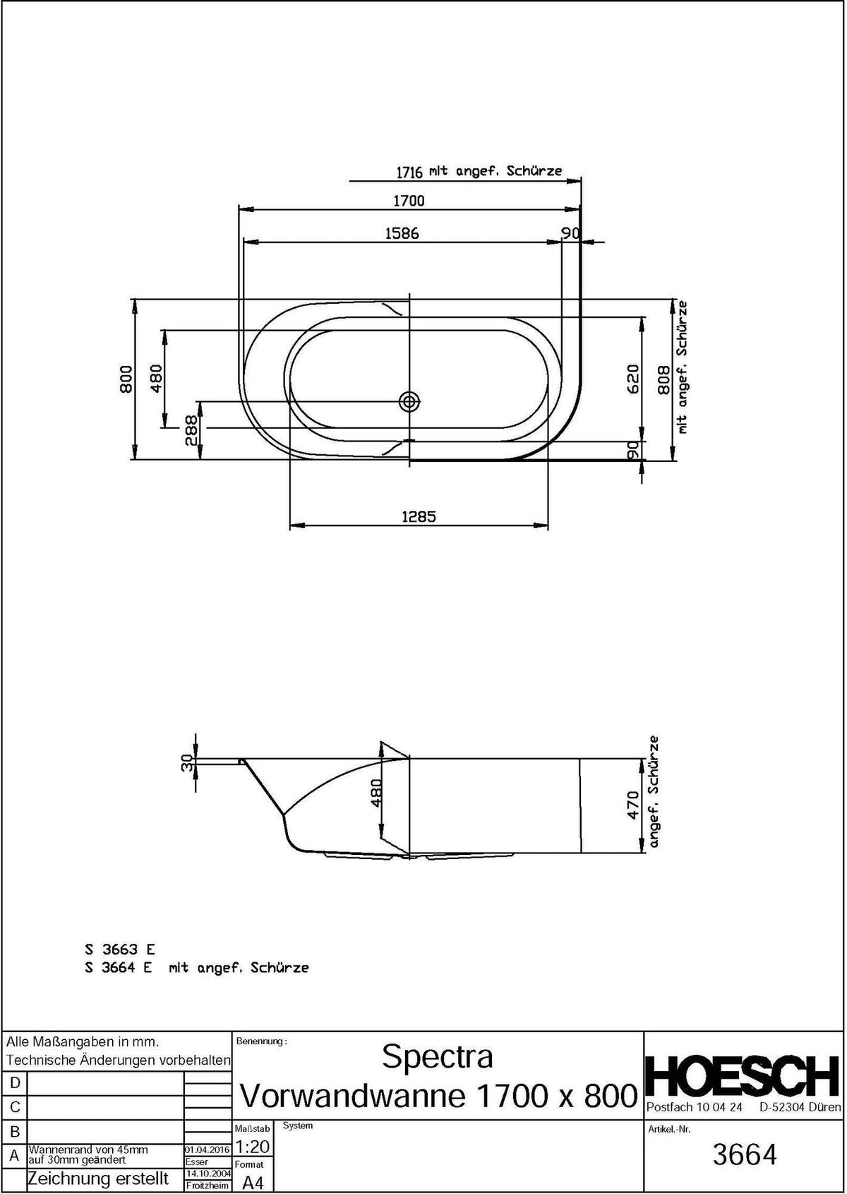 HOESCH SPECTRA Vorwand-Badewanne 1700x800 mm Weiß – Acryl, antibakteriell, ohne Schürze