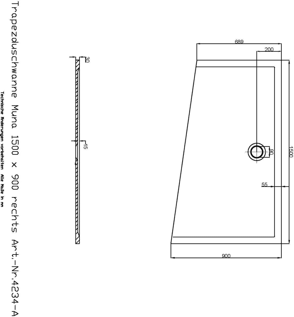 HOESCH MUNA Duschwanne Trapez rechts 1200x900 mm Mineralguss Solique weiß