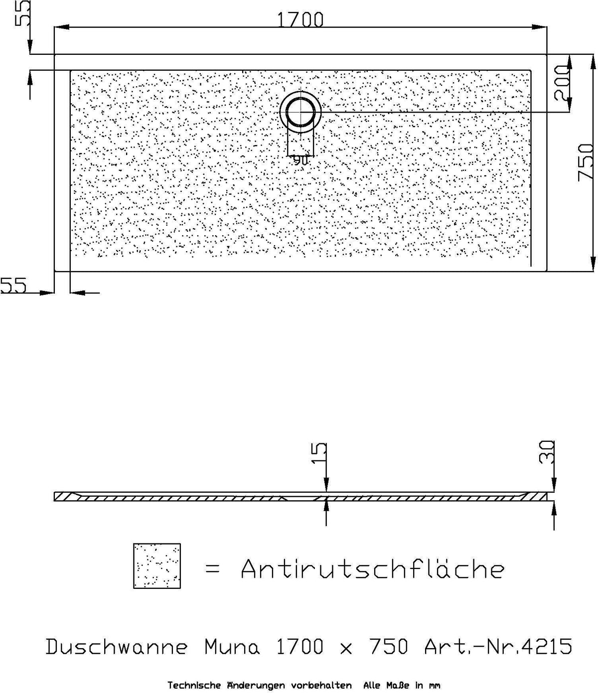 HOESCH Muna Duschwanne 900x700x30 Solique Weiß mit Antirutsch
