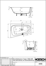 HOESCH iSensi Trapez-Badewanne 1500x1000 mm Monolith links mit Überlaufbefüllung Chrom