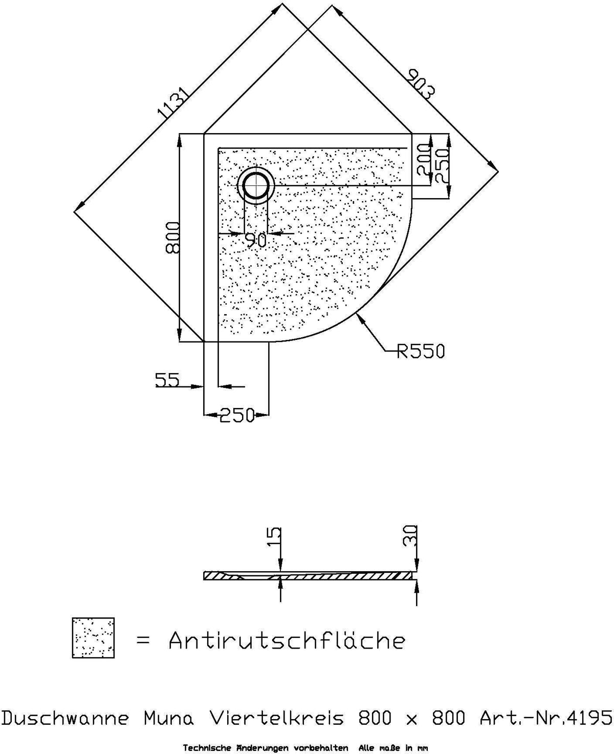 HOESCH Muna Viertelkreis-Duschwanne 800x800x30 SoliquePRO Weiß mit Antirutsch