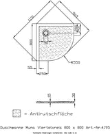 HOESCH Muna Viertelkreis-Duschwanne 800x800x30 SoliquePRO Weiß mit Antirutsch