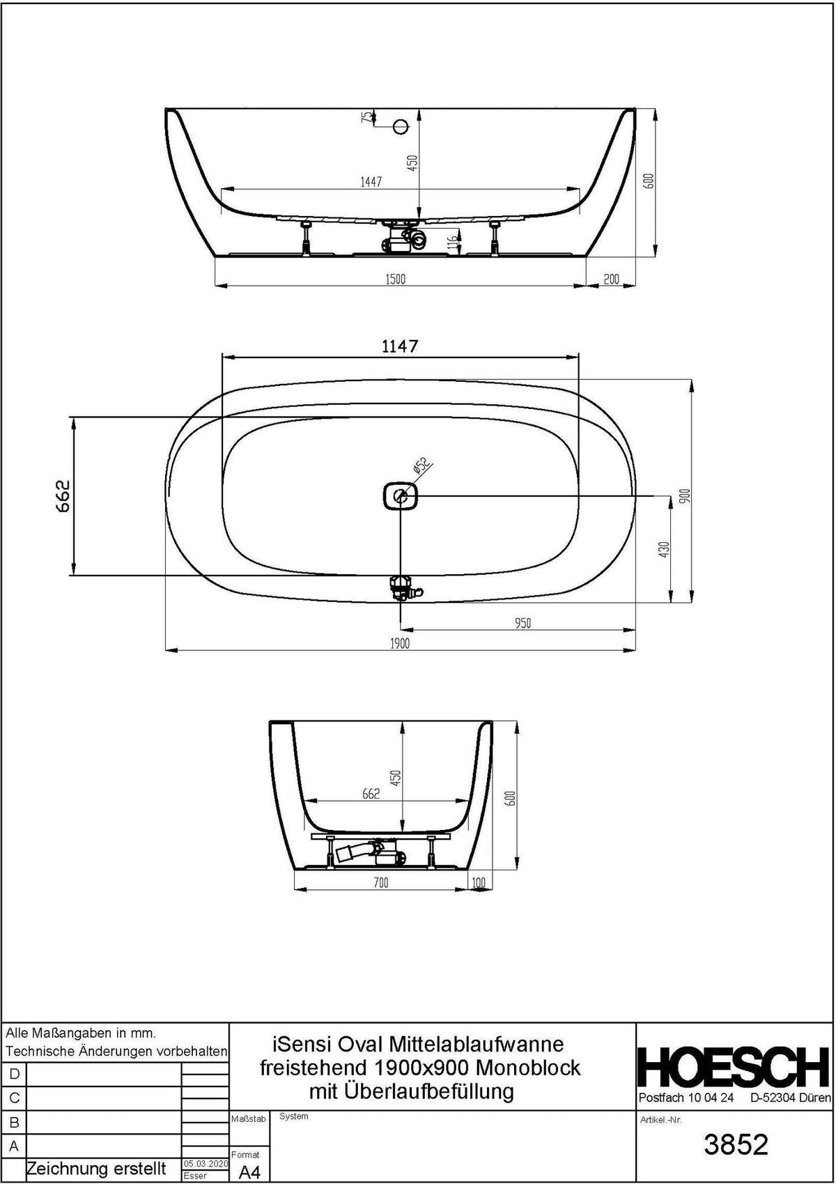 HOESCH iSensi Oval-Badewanne 1900x900 Monolith mit Überlaufbefüllung Weiß