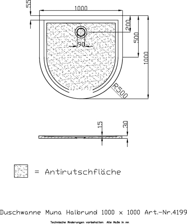 HOESCH Muna Halbrund Duschwanne 1000x1000x30 mit Antirutsch, SoliquePRO, Weiß