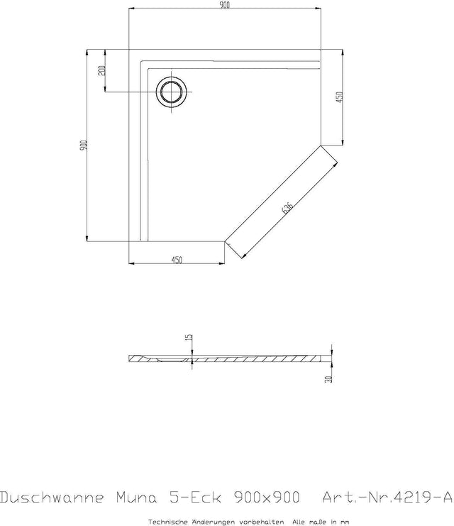 HOESCH Muna Fünfeck-Duschwanne 900x900x30 Mineralguss Weiß – Solique, schmutzabweisend, flacher Einbau