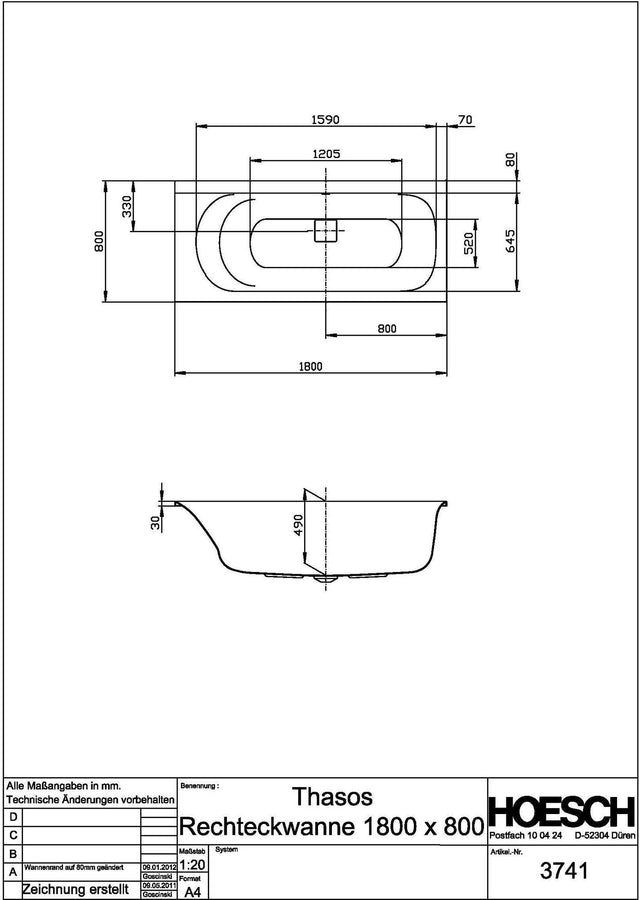 HOESCH Thasos Rechteck-Badewanne 1800x800 Weiß – Acryl, 1-Sitzer, Einbau