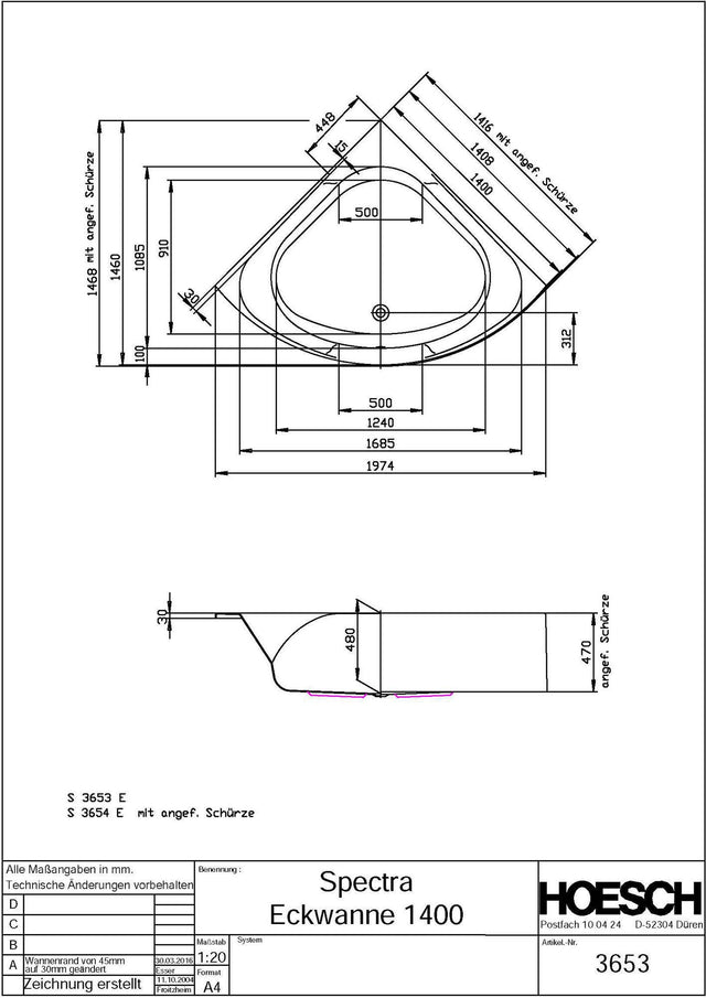 HOESCH Spectra Eckbadewanne 1400 mm Weiß – Acryl, 2-Sitzer, ohne Schürze