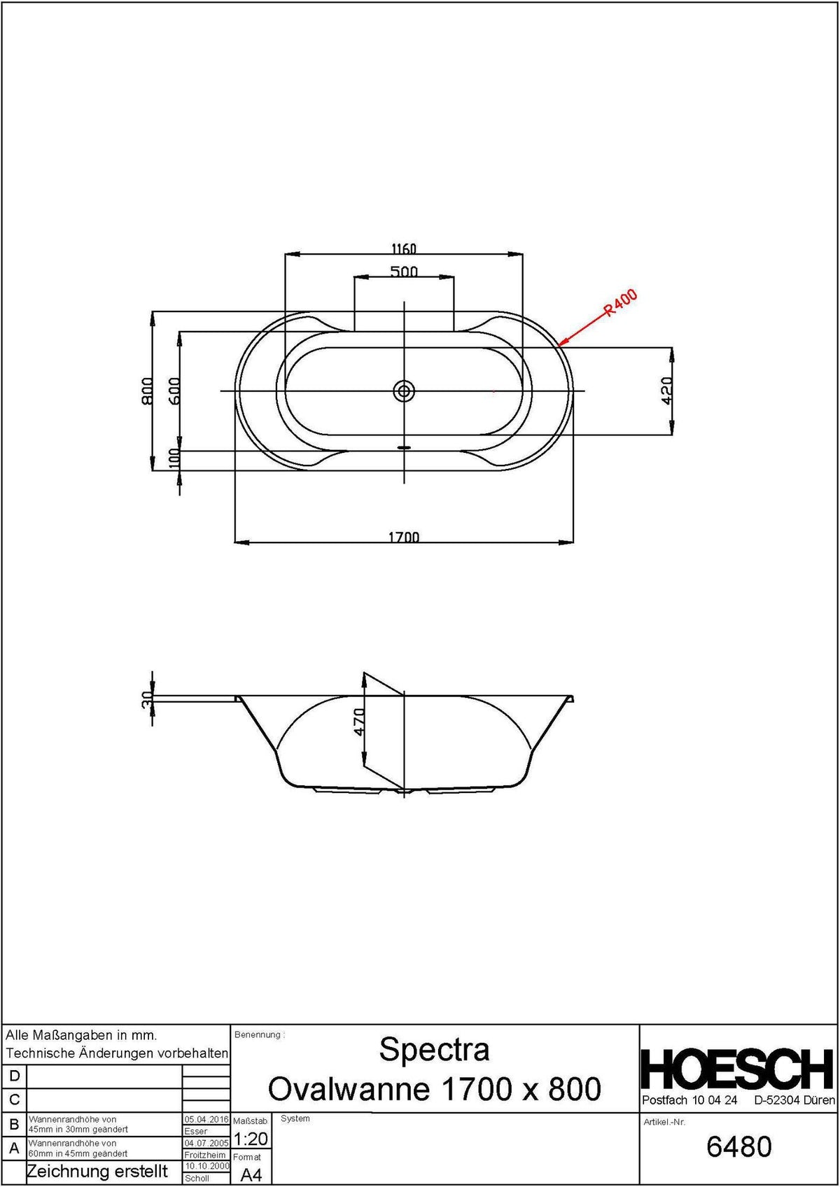 HOESCH Spectra Oval Badewanne 1700x800 mm weiß – Acryl Einbauwanne mit 2 Rückenschrägen