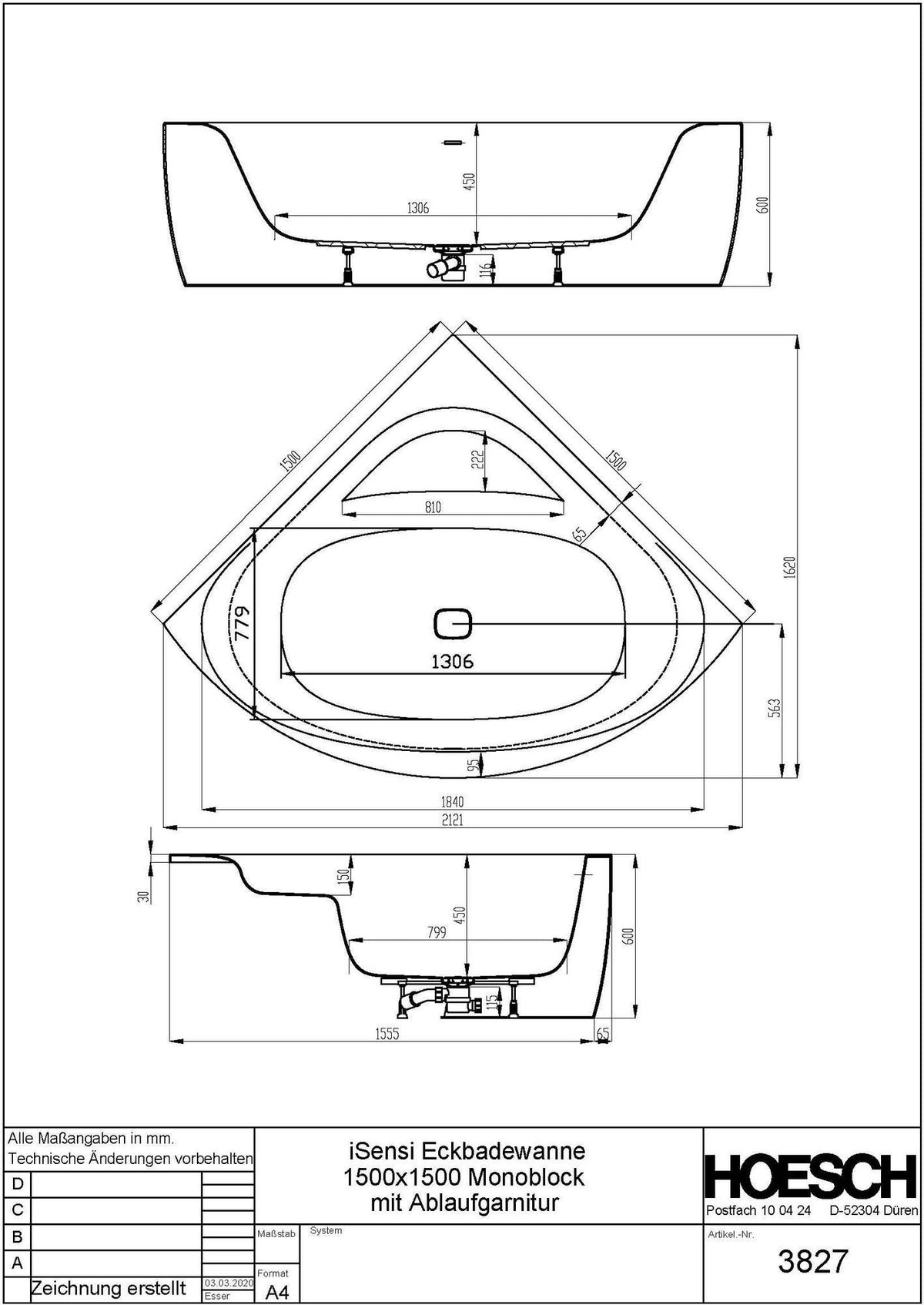 HOESCH iSensi Eckbadewanne 1500x1500 Monolith Acryl weiß mit Schürze