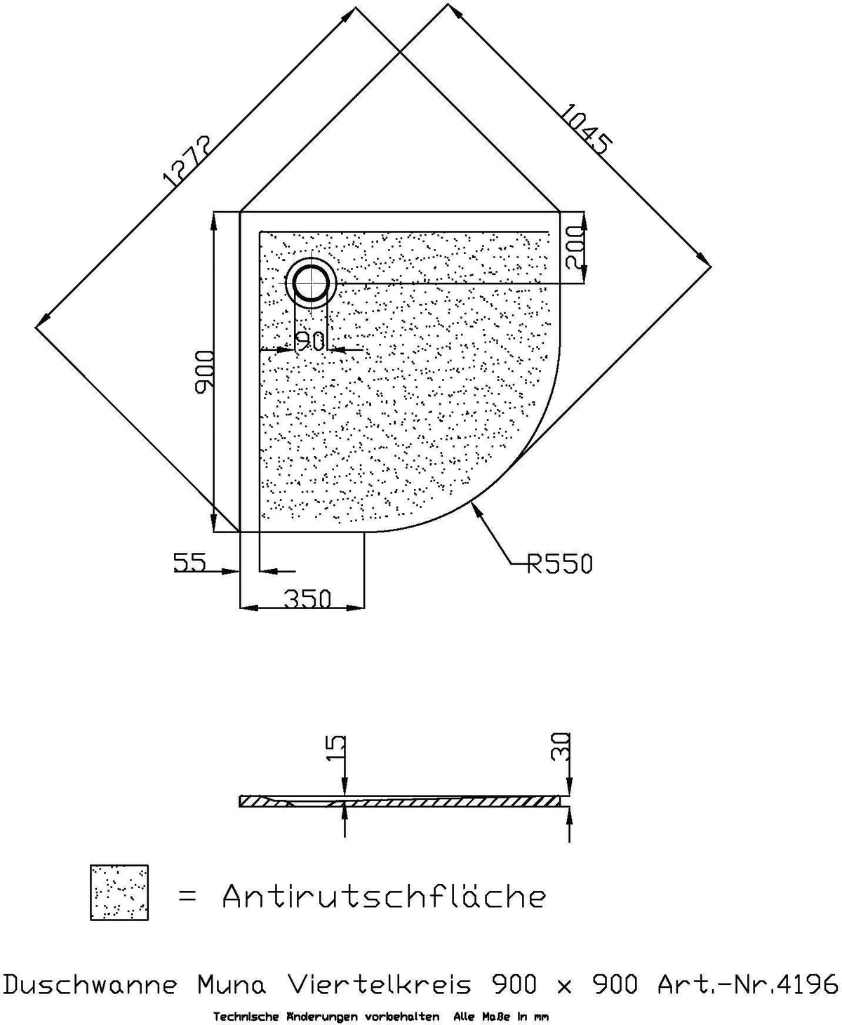 HOESCH Muna Viertelkreis-Duschwanne 800x800x30 SoliquePRO Weiß mit Antirutsch