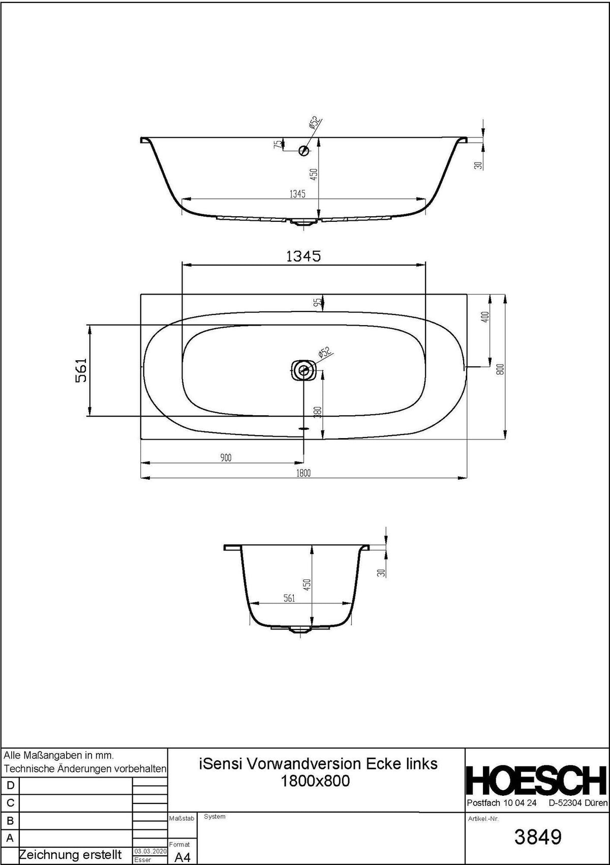 HOESCH iSensi Eckbadewanne 1800x800 links Weiß – Acrylwanne mit 2 Rückenschrägen