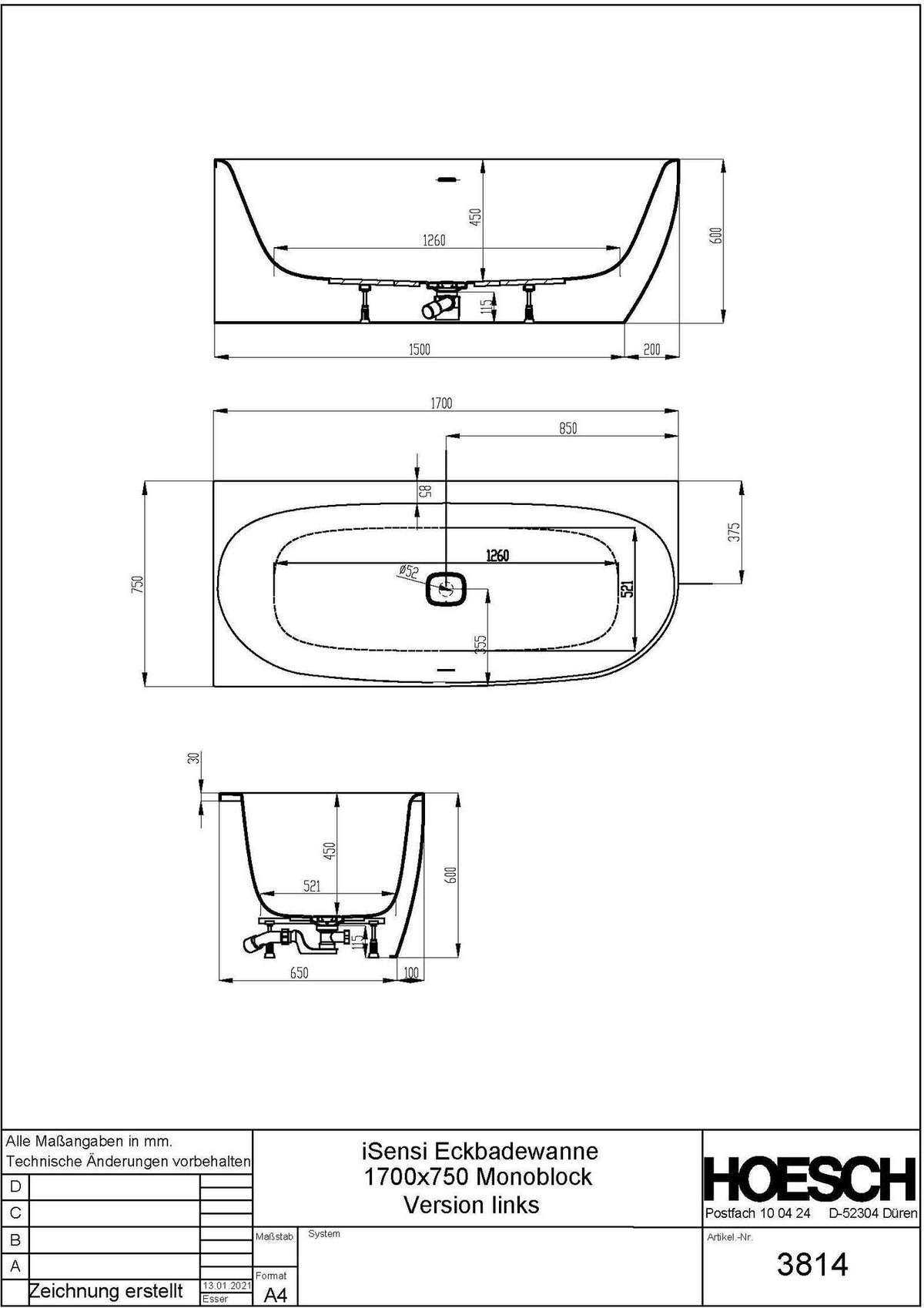 HOESCH iSensi Eck-Badewanne 1700x750 Monolith links – Acryl, Überlaufschlitz, weiße Schürze