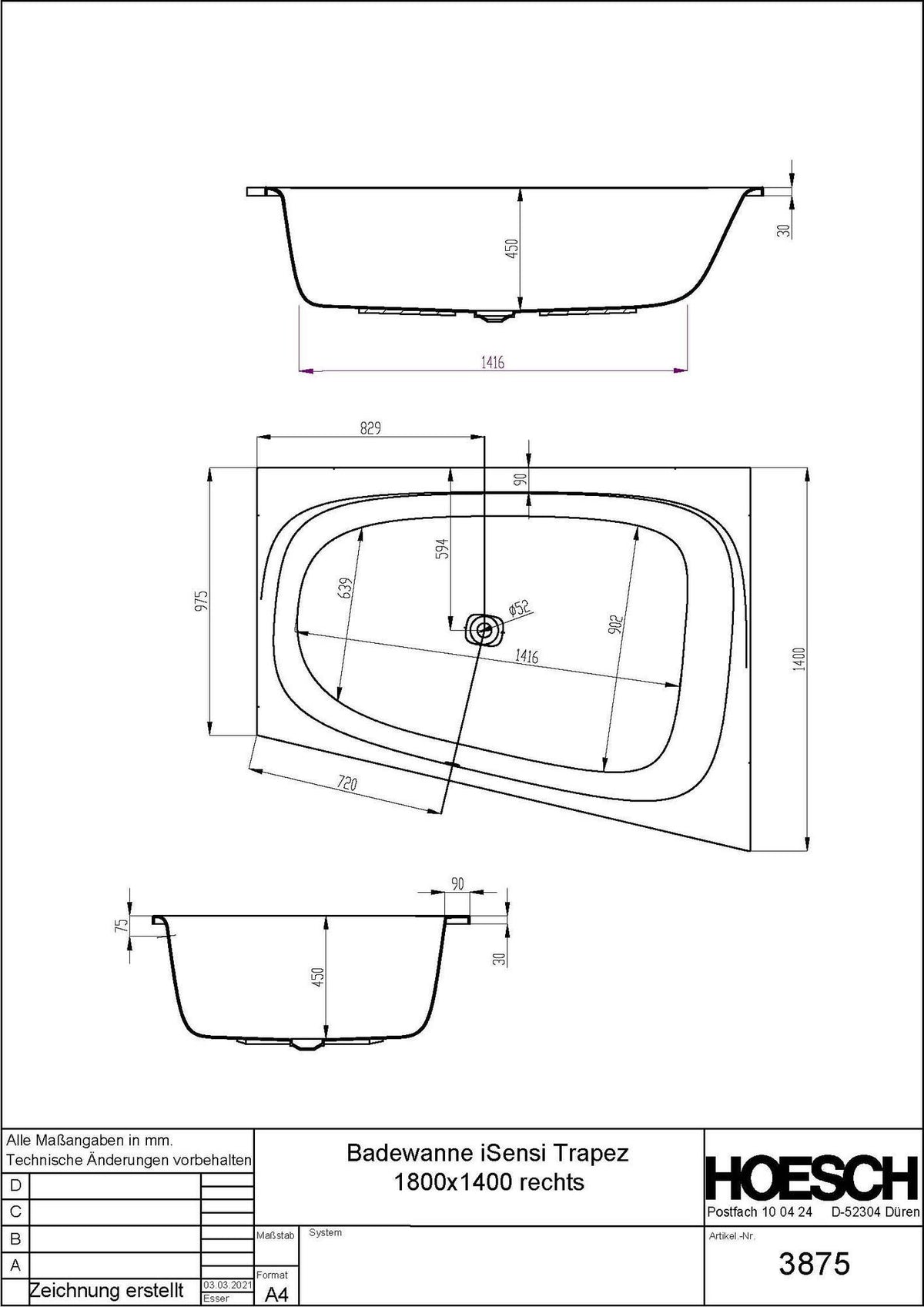 HOESCH iSensi Trapez-Badewanne 1800x1400 mm rechts Weiß – Raumsparwanne aus Acryl