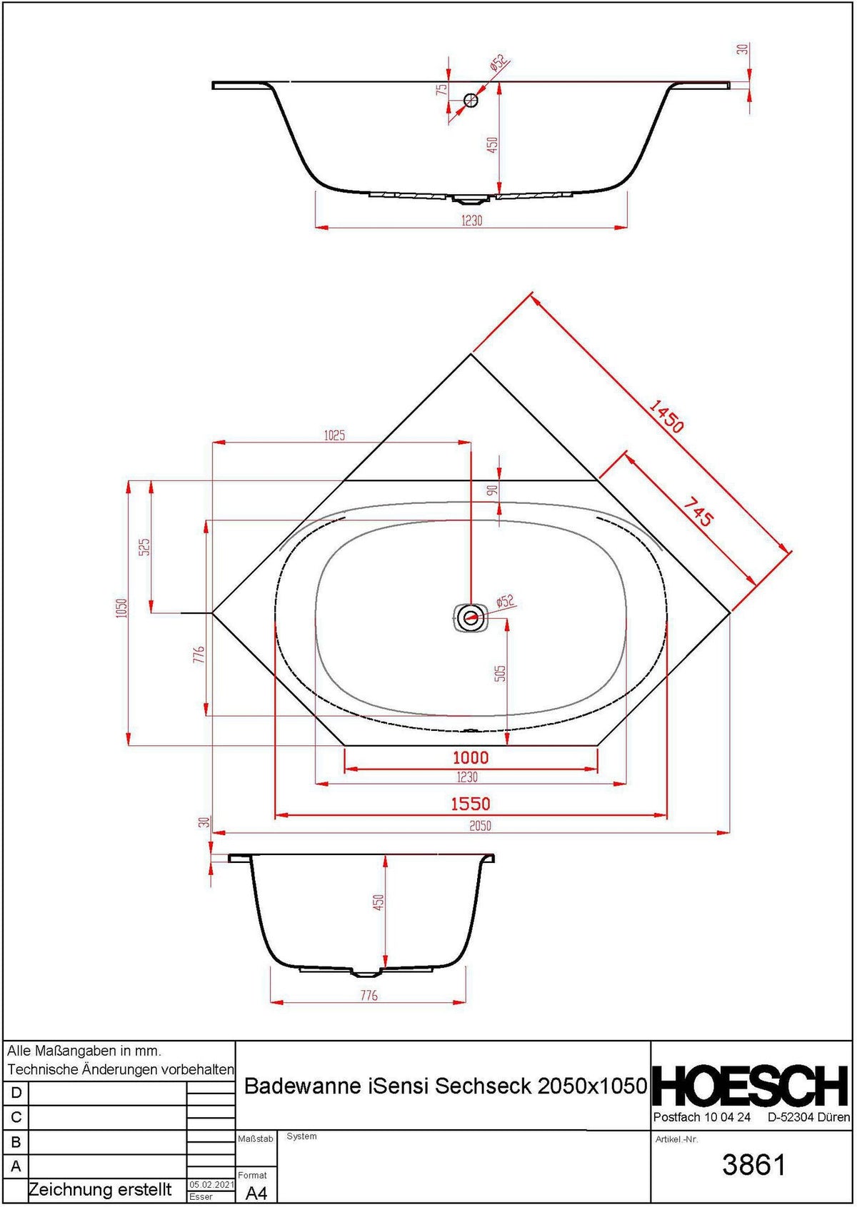 HOESCH iSensi Sechseck-Badewanne 2050x1050 mm Weiß – Acryl, 2 Rückenschrägen, 317 l