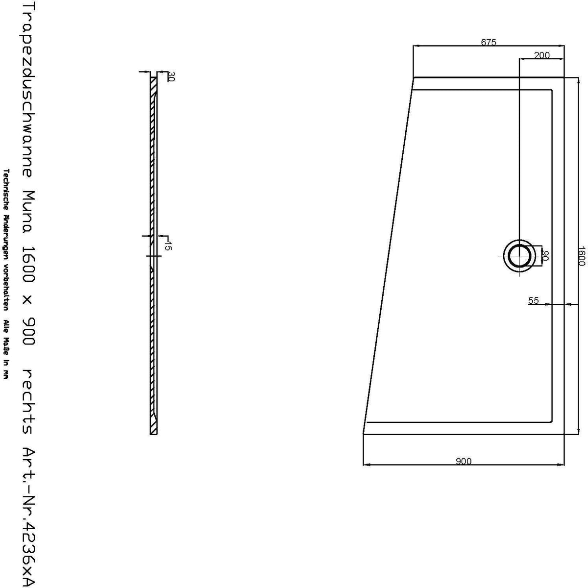 HOESCH MUNA Duschwanne Trapez rechts 1200x900 mm Mineralguss Solique weiß