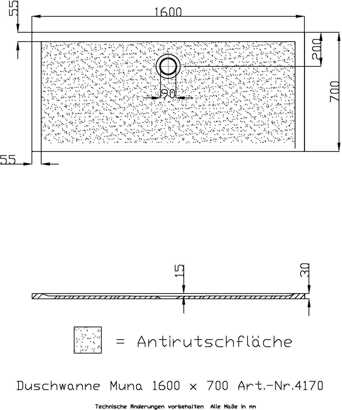 HOESCH Muna Duschwanne 900x700x30 Solique Weiß mit Antirutsch