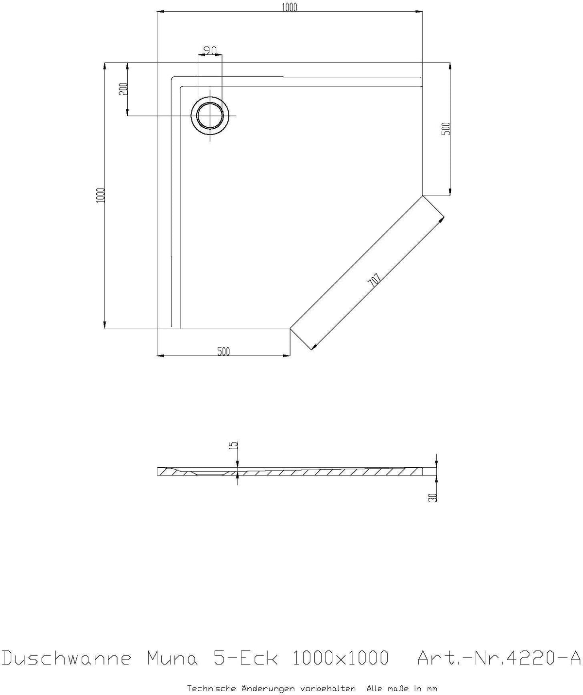 HOESCH Muna Fünfeck-Duschwanne 900x900x30 Mineralguss Weiß – Solique, schmutzabweisend, flacher Einbau
