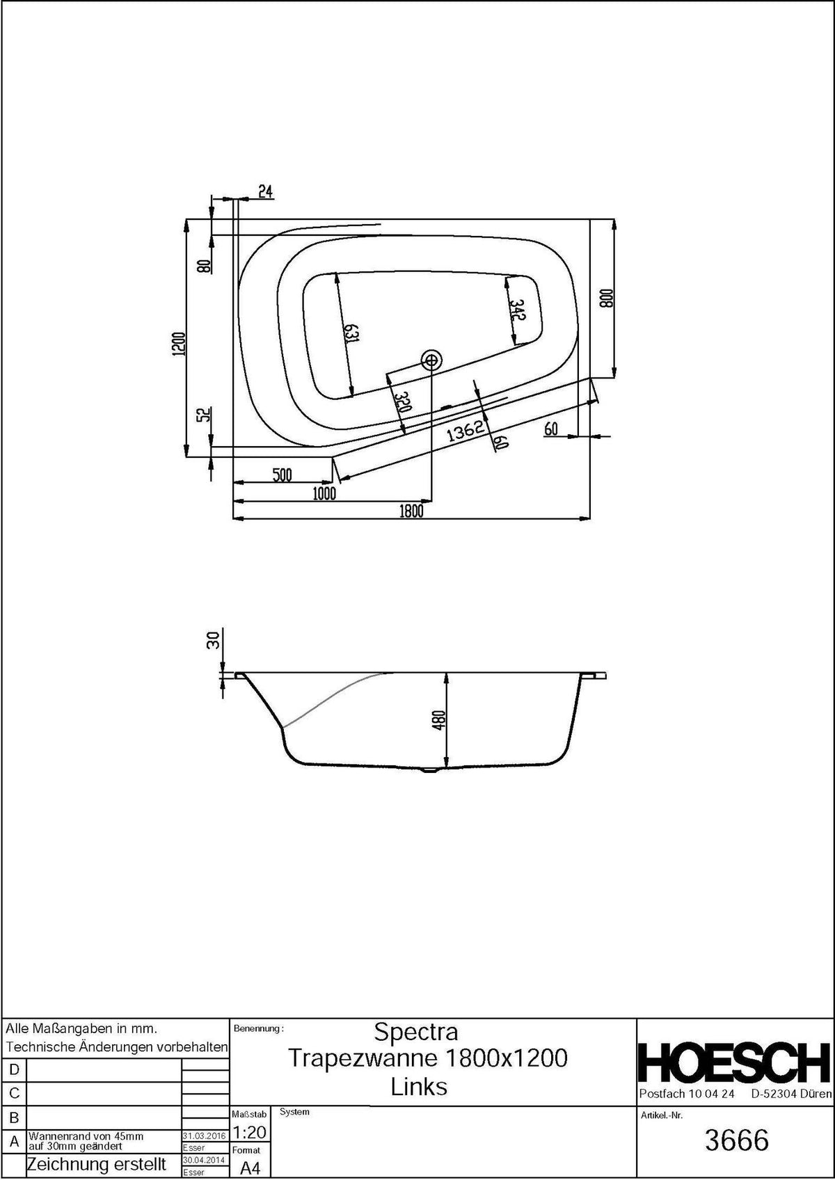 HOESCH SPECTRA Raumsparbadewanne 1800 x 1200 mm links weiß Acryl