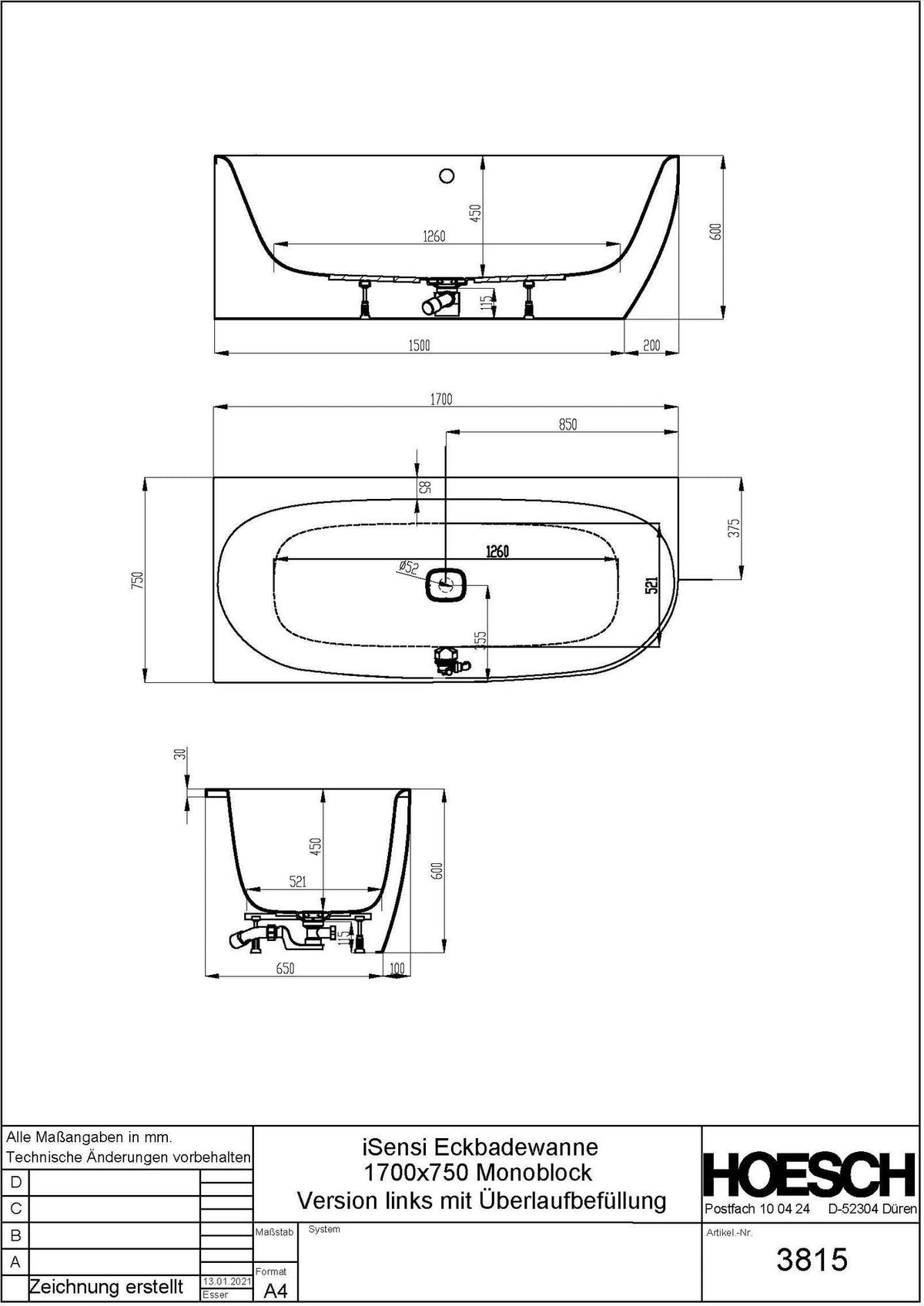 HOESCH iSensi Eck-Badewanne 1700x750 Monolith links mit Überlaufbefüllung Weiß