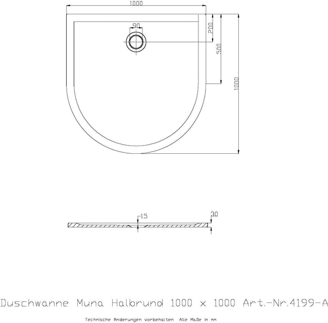 HOESCH Muna Halbrund Duschwanne 1000x1000x30 Solique Weiß – Mineralguss, flacher Einbau