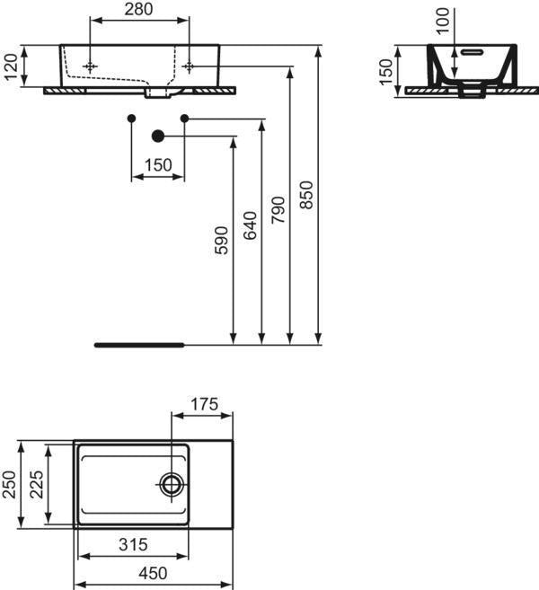 Ideal Standard Handwaschbecken Extra 450x250x150mm Weiß, ohne Hahnloch, mit Überlauf, Ablage rechts