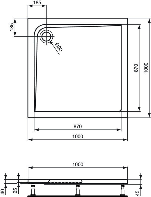 IDEAL STANDARD Quadrat-Brausewanne Ultra Light 800x800x45mm in Weiß – Sanitär-Acryl, flacher Einbau