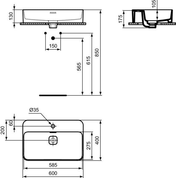 IDEAL STANDARD Aufsatzwaschtisch Strada II 600x400mm 1 Hahnloch Weiß