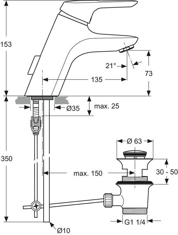 Ideal Standard Ceramix Blue Waschtischarmatur Chrom mit Ablaufgarnitur und Kupferrohren