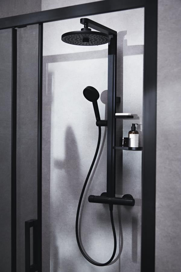 Ideal Standard Duschsystem Ceratherm Alu+ mit Thermostat, Kopf- und Handbrause, 2 Ablagen, Silber