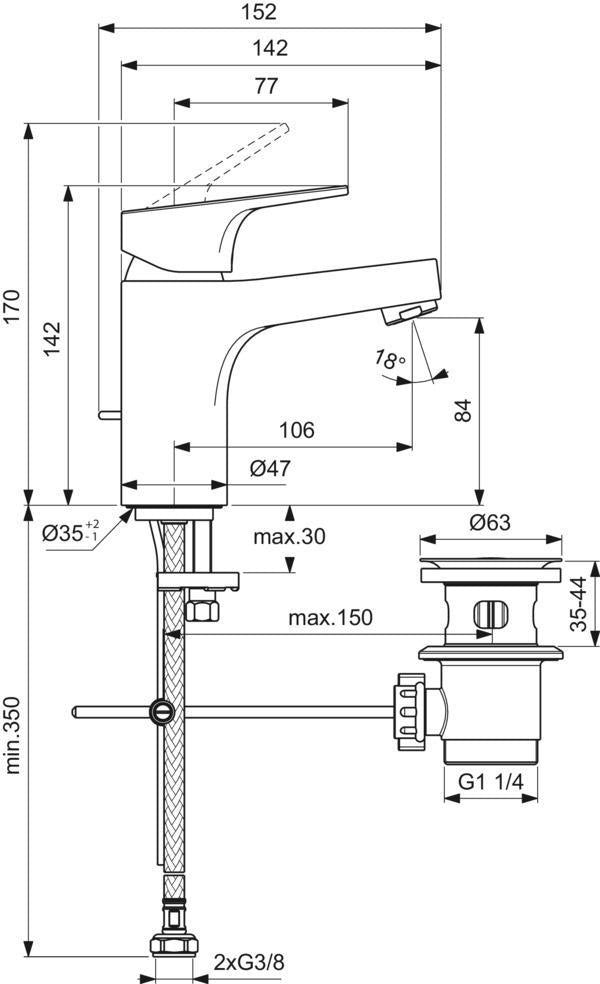 Ideal Standard Cerabase Waschtischarmatur H80 mit Ablaufgarnitur, 106 mm Ausladung, Chrom
