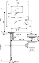 Ideal Standard Cerabase Waschtischarmatur H80 mit Ablaufgarnitur, 106 mm Ausladung, Chrom