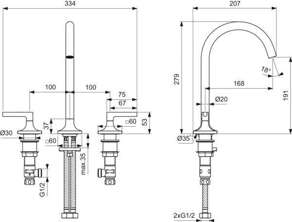 Ideal Standard Joy Neo Waschtischarmatur 3-Loch Chrom 168 mm ohne Ablaufgarnitur